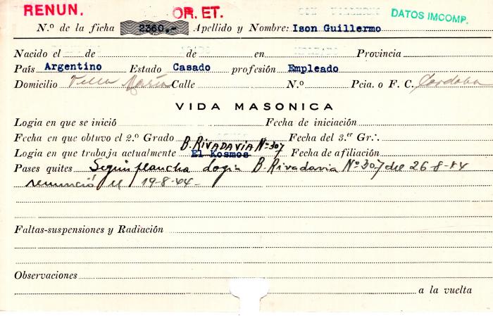Ficha de miembro de Guillermo Ison.