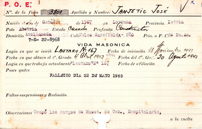 Ficha de miembro de José Janjetic.