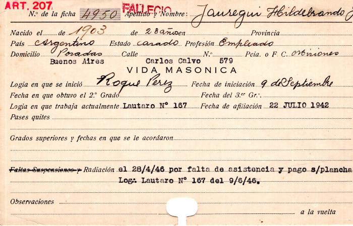 Ficha de miembro de Hildebrando J. Jauregui.