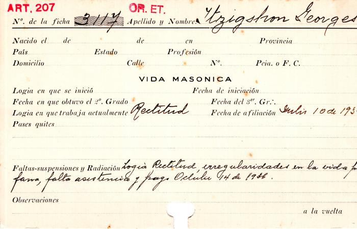 Ficha de miembro de Georges Itzigshon.