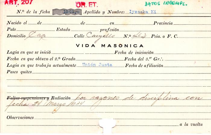 Ficha de miembro de Ki Iyesaka.