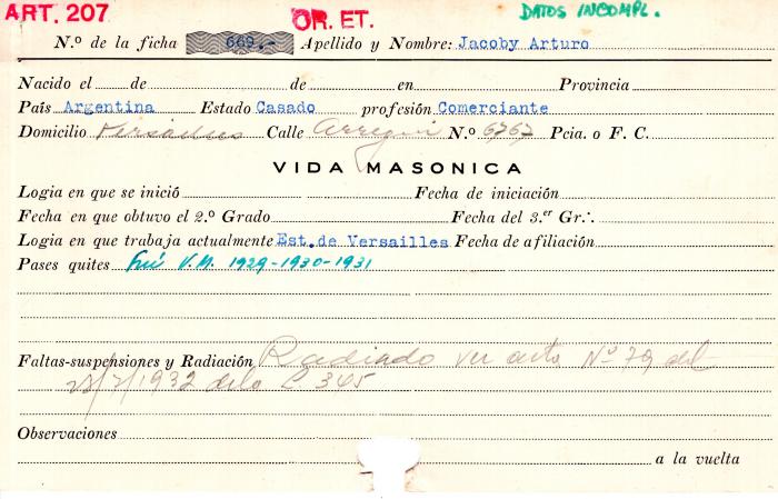 Ficha de miembro de Arturo Jacoby.