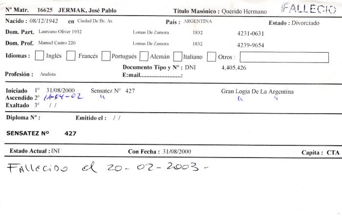 Ficha de miembro de José Pablo Jermak.