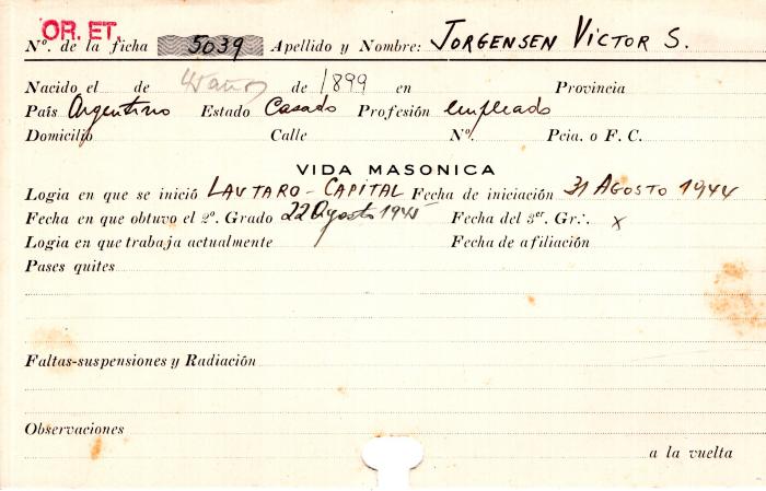Ficha de miembro de Víctor S. Jorgensen.