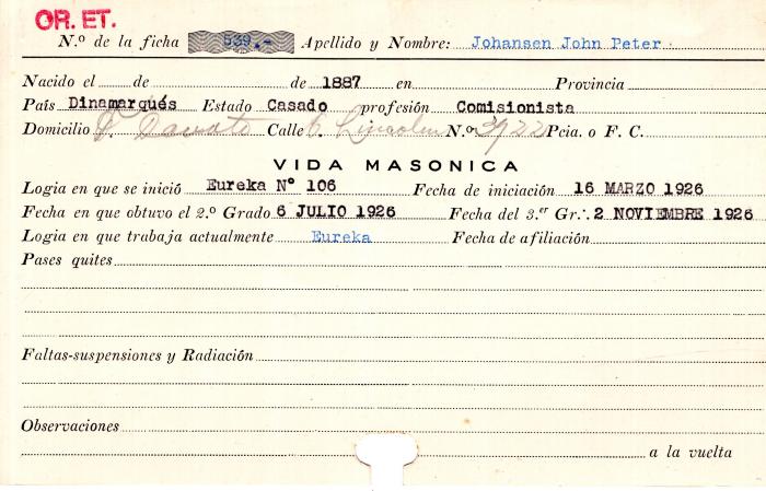 Ficha de miembro de John Peter Johansen.