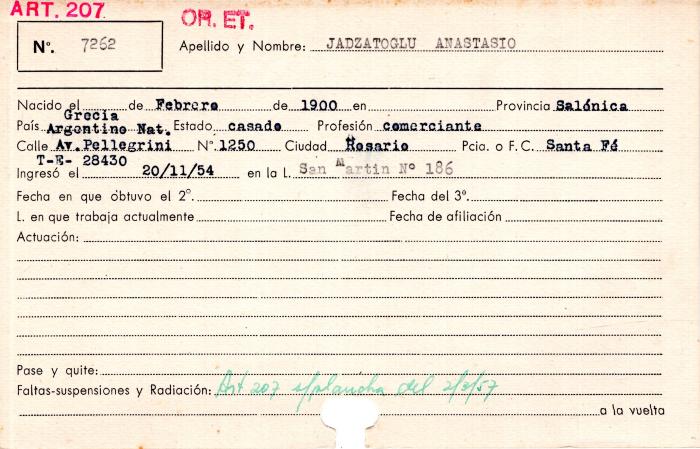 Ficha de miembro de Anastasio Jadzatoglu.