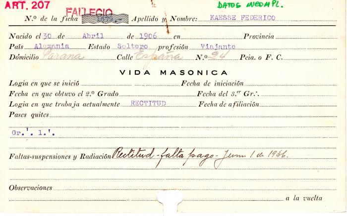 Ficha de miembro de Federico Kaesse.