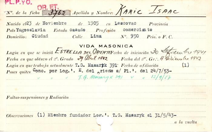Ficha de miembro de Isaac Karic.