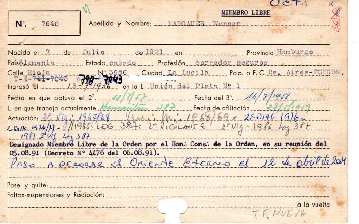 Ficha de miembro de Werner Kargauer.