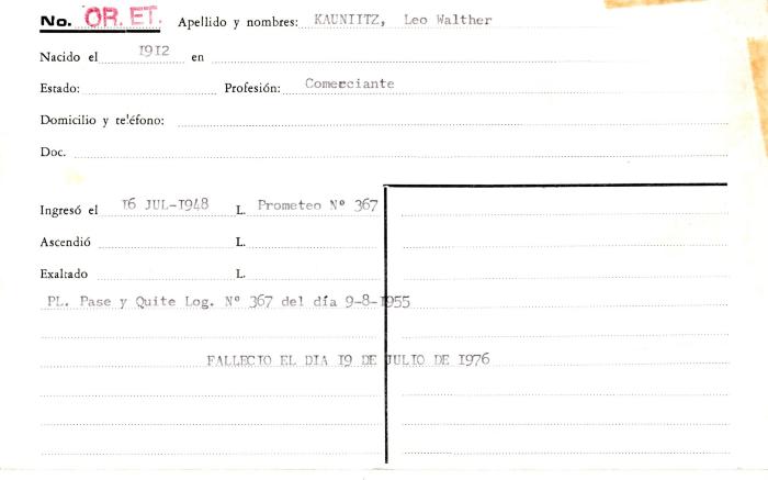 Ficha de miembro de Leo Walther Kauniitz.