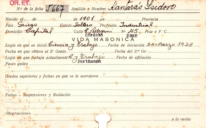 Ficha de miembro de Isidoro Kantarás.