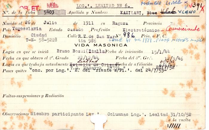 Ficha de miembro de Vlaho Kazilari.