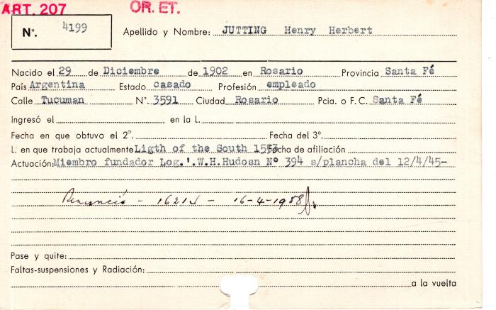 Ficha de miembro de Henry Herbert Jutting.