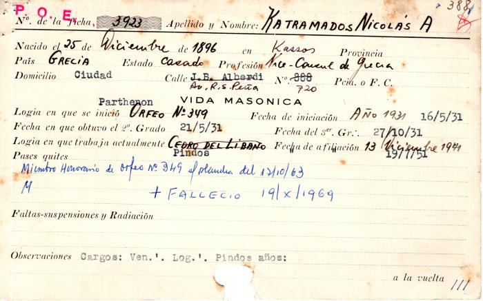 Ficha de miembro de Nicolás A. Katramados.