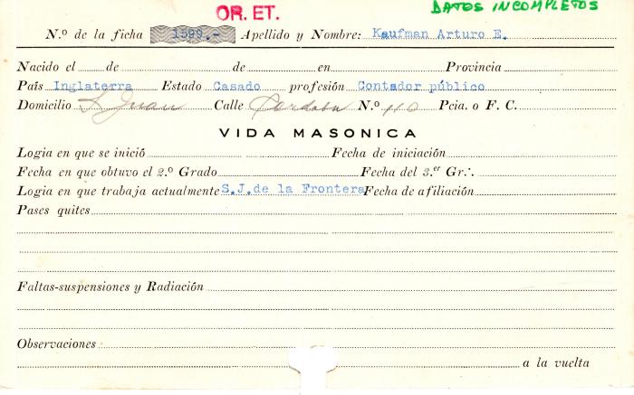 Ficha de miembro de Arturo E. Kaufman.
