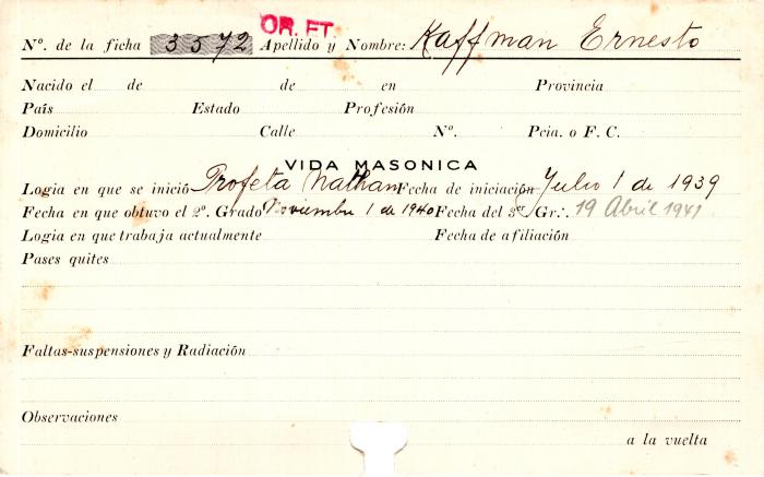 Ficha de miembro de Ernesto Kaffman.