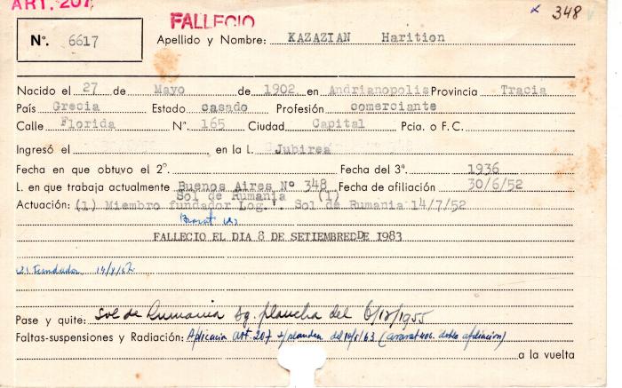 Ficha de miembro de Harition Kazazian.