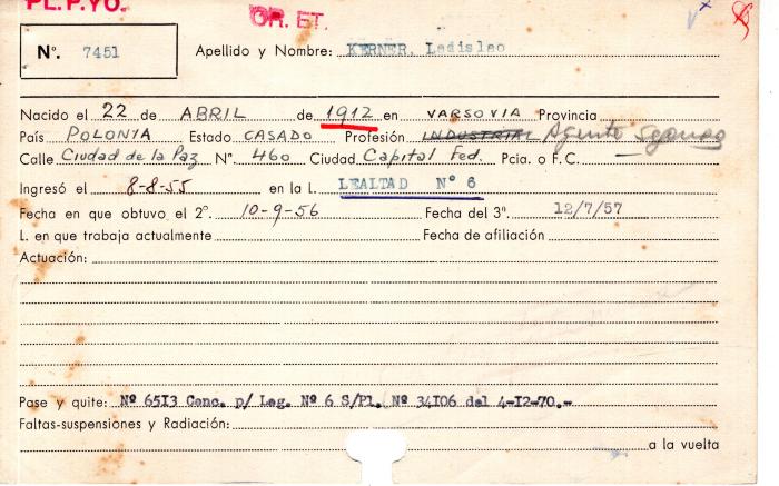 Ficha de miembro de Ladislado Kerner.