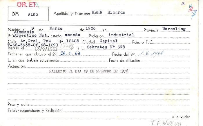 Ficha de miembro de Ricardo Kahn.