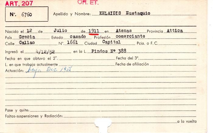 Ficha de miembro de Eustaquio Kelaidis.