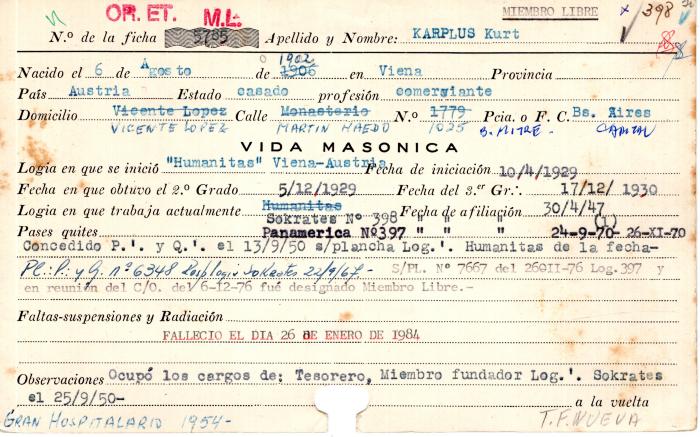 Ficha de miembro de Kurt Karplus.