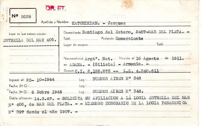 Ficha de miembro de Jacques Katchikian.