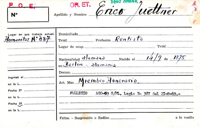 Ficha de miembro de Erico Juettner.