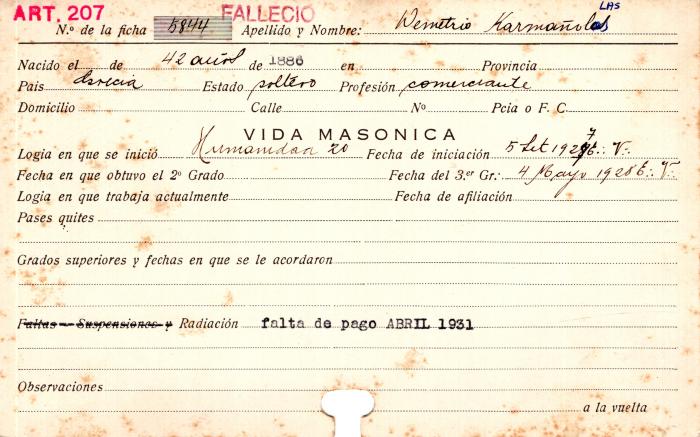 Ficha de miembro de Demetrio karmañolas.