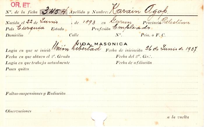 Ficha de miembro de Agop Karaim.