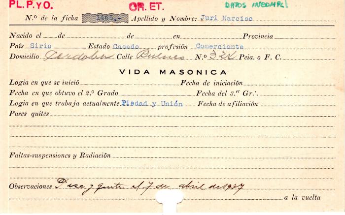 Ficha de miembro de Narciso Juri.