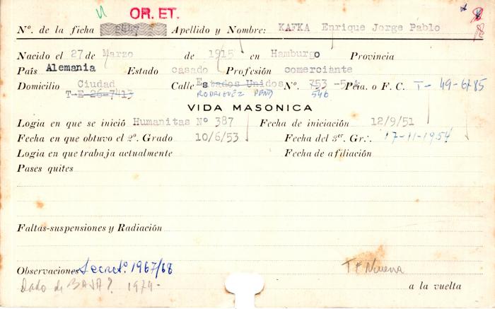 Ficha de miembro de Enrique Jorge Pablo Kafka.