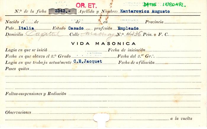 Ficha de miembro de Augusto Kantarowicz.