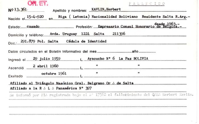 Ficha de miembro de Herbert Kavlin.