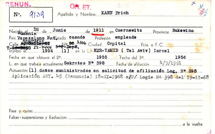 Ficha de miembro de Erich Kann.
