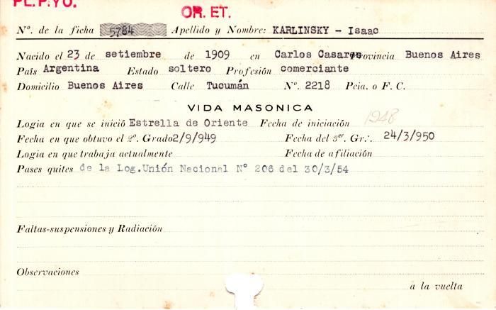 Ficha de miembro de Isaac Karlinsky.