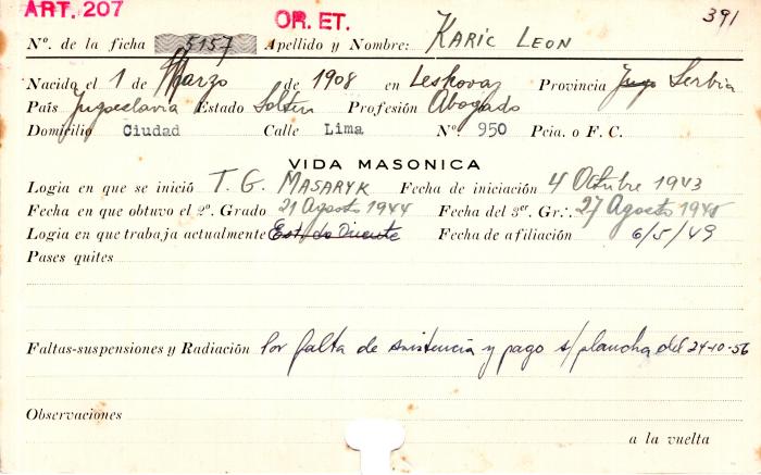 Ficha de miembro de León Karic.