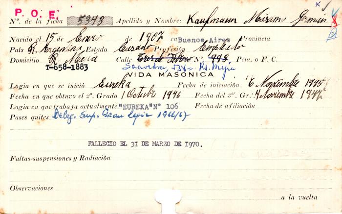 Ficha de miembro de Máximo Germán Kaufmaun.