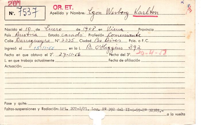 Ficha de miembro de Egon Wesberg Karlton.