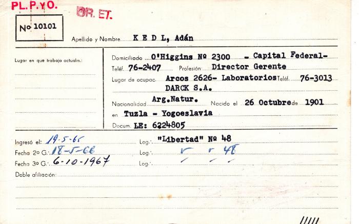 Ficha de miembro de Adán Kedl.