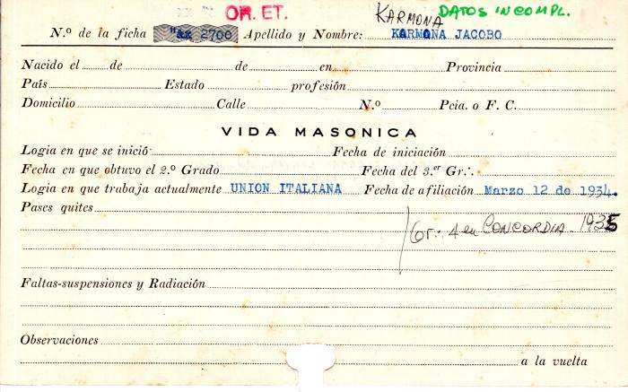Ficha de miembro de Jacobo Karmona.