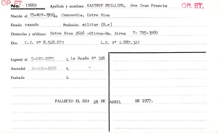 Ficha de miembro de Ove Ivan Francis Kastrup Phillips.