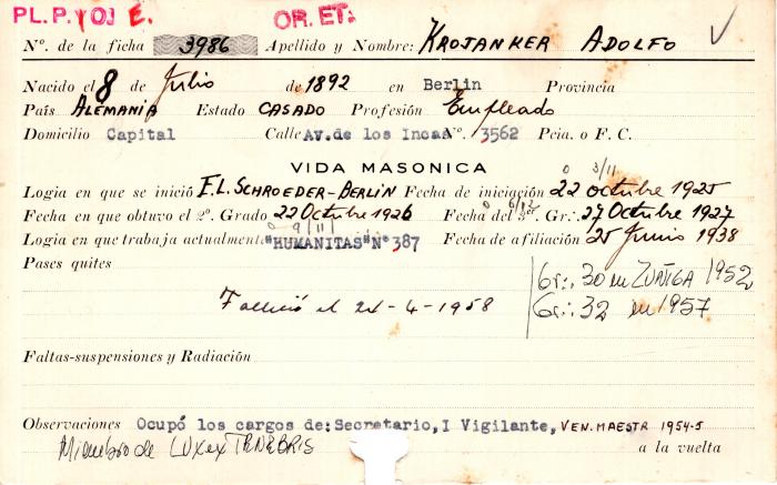 Ficha de miembro de Adolfo Krojanker.