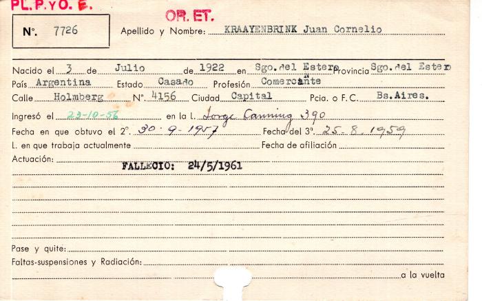 Ficha de miembro de Juan Cornelio Kraayenbrink.