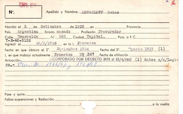 Ficha de miembro de Osias Kovadloff.