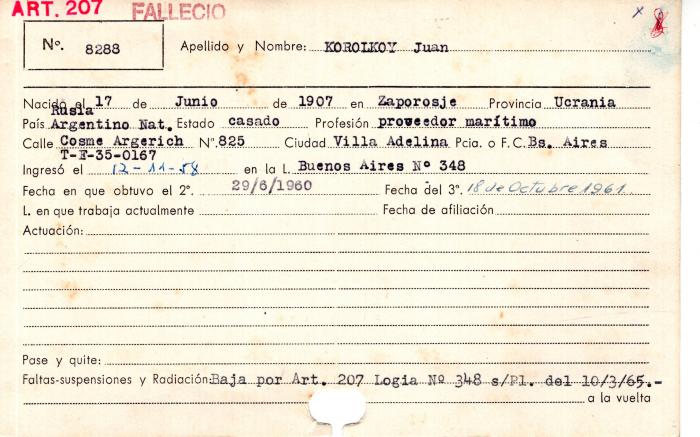 Ficha de miembro de Juan Korolkoy.