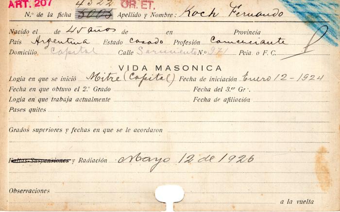 Ficha de miembro de Fernando Koch.