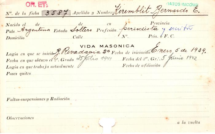 Ficha de miembro de Bernardo E. Koremblit.