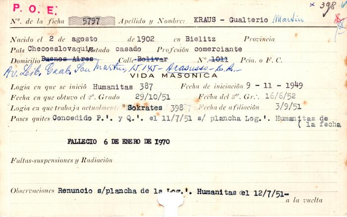 Ficha de miembro de Gualterio Martín Kraus.