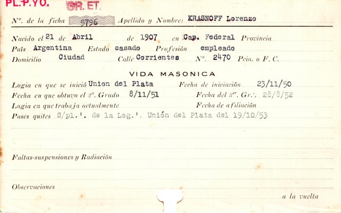 Ficha de miembro de Lorenzo Krasnoff.
