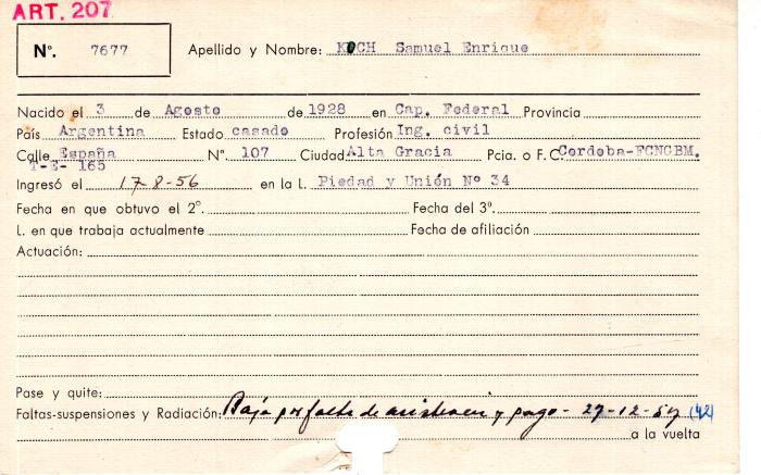 Ficha de miembro de Samuel Enrique Koch.